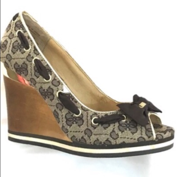 Guess Shoes - GUESS Tatyanna Gold & Brown Wood Wedge 3.75”, 10